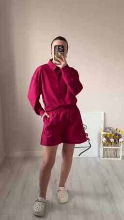 Bornladies Women's Cotton Casual Shorts Set Solid Color Lapel Long Sleeve Shirt Elastic Waist Shorts Outfit Daily Vacation Wear