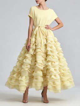 TWOTWINSTYLE Solid Spliced Ruffles Folds Fashion Dresses for Women O Neck Sleeveless High Waist Patchwork Lace Up Dress Female