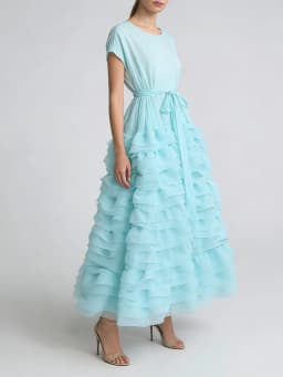 TWOTWINSTYLE Solid Spliced Ruffles Folds Fashion Dresses for Women O Neck Sleeveless High Waist Patchwork Lace Up Dress Female