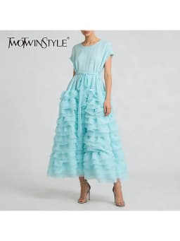 TWOTWINSTYLE Solid Spliced Ruffles Folds Fashion Dresses for Women O Neck Sleeveless High Waist Patchwork Lace Up Dress Female