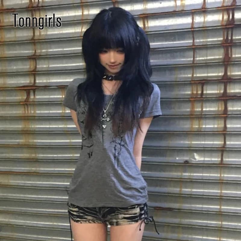 Tonngirls Japanese Y2k Print T Shirt Women Short Sleeve Slim Graphic Tops Streetwear American Retro 90s Grunge Tops E-girls