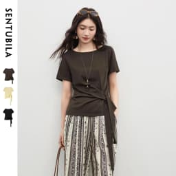 SENTUBILA Women's Summer T-Shirt Knit Cotton Short Sleeve Top 2026 Minimalist Round Neck Self-Tie Belt Slim Waist Tees 162TA3735