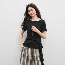 SENTUBILA Women's Summer T-Shirt Knit Cotton Short Sleeve Top 2026 Minimalist Round Neck Self-Tie Belt Slim Waist Tees 162TA3735