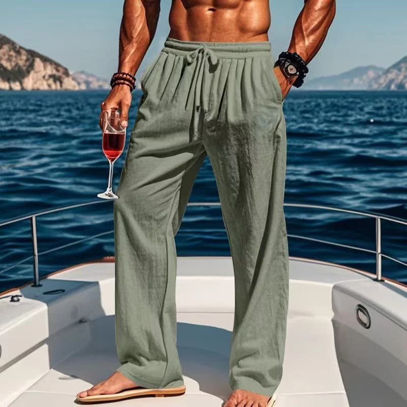 Men's Lightweight Breathable Linen Blend Pants with Drawstring Waist Loose Fit Beach Trousers
