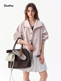 DUSHU 2026 Fall Women's Batwing Sleeve Cropped Utility Jacket with Multiple Pockets - Relaxed Fit Casual Outerwear for Daily
