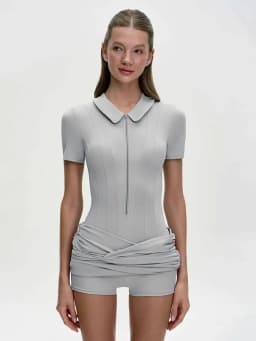 GACVGA Short Sleeve Zipper Sports Bodysuit Women Rompers Summer Casual Draped Ruched Slim Fit Fitness Bodysuits Female