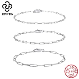 Rinntin Genuine 925 Sterling Silver Italian Paperclip Link Chain Bracelet for Women Trendy Silver Hand Bracelet Jewelry SB218