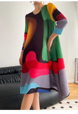 Miyake Pleated Printed Skirt Spring Autumn New Temperament Plus Size Large Swing High Waist Casual Dresses for Women