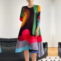 Miyake Pleated Printed Skirt Spring Autumn New Temperament Plus Size Large Swing High Waist Casual Dresses for Women
