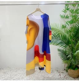 Miyake Pleated Printed Skirt Spring Autumn New Temperament Plus Size Large Swing High Waist Casual Dresses for Women