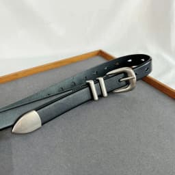 Women Men Vintage Silver Black Waistband leather Cowskin Buckle Belt 125cm
