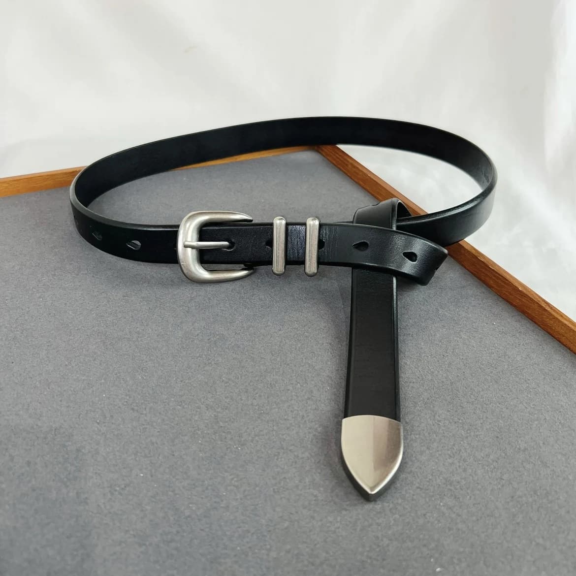Women Men Vintage Silver Black Waistband leather Cowskin Buckle Belt 125cm