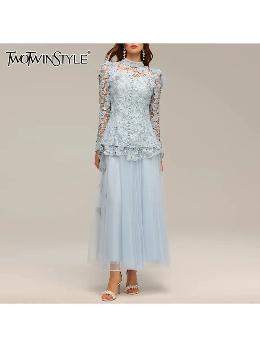 TWOTWINSTYLE Solid Hollow Out Spliced Lace Two Piece Set For Women Round Neck Long Sleeves Top High Waist Skirt Sets Female New