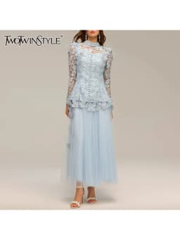 TWOTWINSTYLE Solid Hollow Out Spliced Lace Two Piece Set For Women Round Neck Long Sleeves Top High Waist Skirt Sets Female New