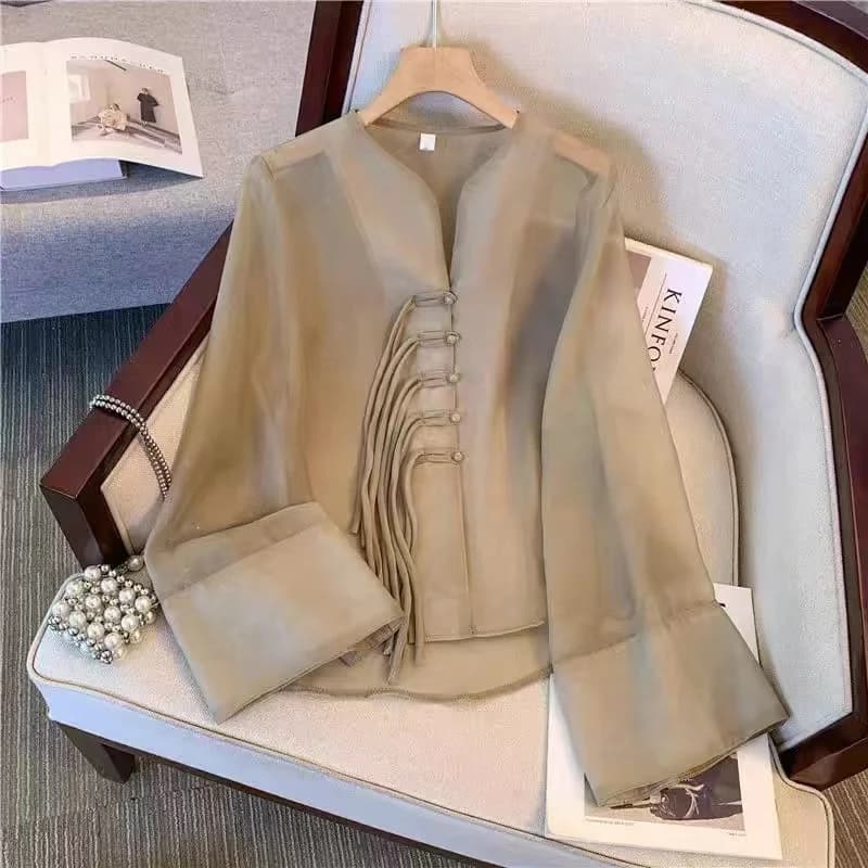 New Chinese Fashion Western Style Thin Shirt Women's Button Chiffon Shirt Summer Loose Sun Protection Office Lady's Solid Blouse