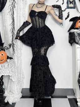 AltGoth Fairycore Grunge Gothic Midi Dress Women Streetwear Sexy Aesthetic Spaghetti Strap Flocking See Through Corset Dresses