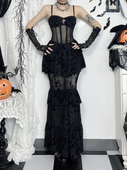 AltGoth Fairycore Grunge Gothic Midi Dress Women Streetwear Sexy Aesthetic Spaghetti Strap Flocking See Through Corset Dresses