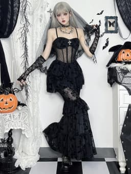 AltGoth Fairycore Grunge Gothic Midi Dress Women Streetwear Sexy Aesthetic Spaghetti Strap Flocking See Through Corset Dresses