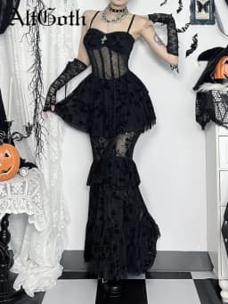 AltGoth Fairycore Grunge Gothic Midi Dress Women Streetwear Sexy Aesthetic Spaghetti Strap Flocking See Through Corset Dresses