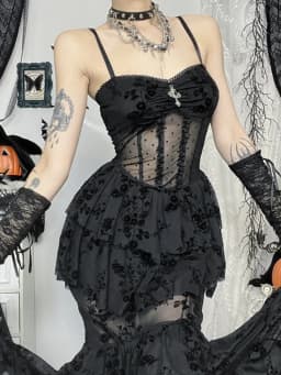 AltGoth Fairycore Grunge Gothic Midi Dress Women Streetwear Sexy Aesthetic Spaghetti Strap Flocking See Through Corset Dresses