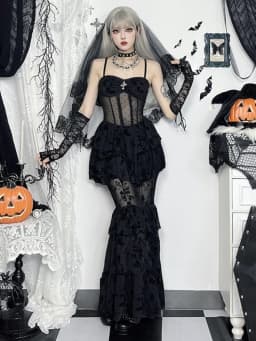 AltGoth Fairycore Grunge Gothic Midi Dress Women Streetwear Sexy Aesthetic Spaghetti Strap Flocking See Through Corset Dresses
