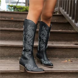 Women Retro Western Embroidered Cowboy Boots - Pointed Toe High Block Heel Faux Cover with Fabric Lining & TPR Sole Zipper C