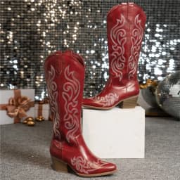 Women Retro Western Embroidered Cowboy Boots - Pointed Toe High Block Heel Faux Cover with Fabric Lining & TPR Sole Zipper C