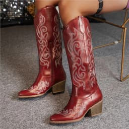 Women Retro Western Embroidered Cowboy Boots - Pointed Toe High Block Heel Faux Cover with Fabric Lining & TPR Sole Zipper C