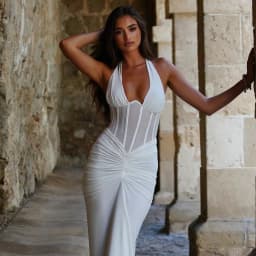 Elegant White Long Curvy Dress Women's Halter Deep V Backless Black Mesh Ruched Maxi Dresses Evening Party Cocktail Robe Summer