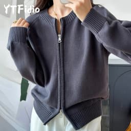 YTFidio 100% Cotton Women O-neck Thick Zipper Solid Cardigan Luxury Designer Clothing Woman Pullover Female Tops 401