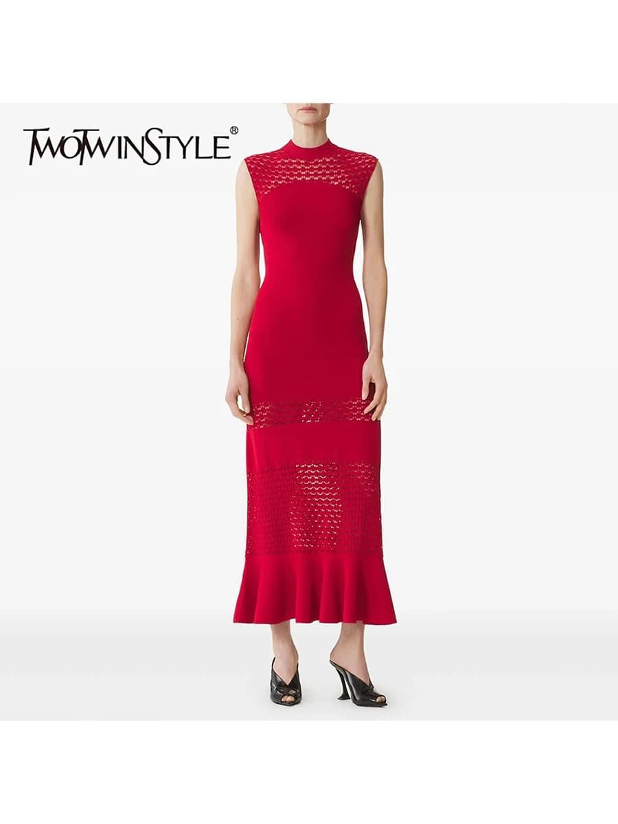 TWOTWINSTYLE Solid Hollow Out Design Sense Knit Dresses for Women Round Neck Sleeveless Tunic Minimalist Long Dress Female New
