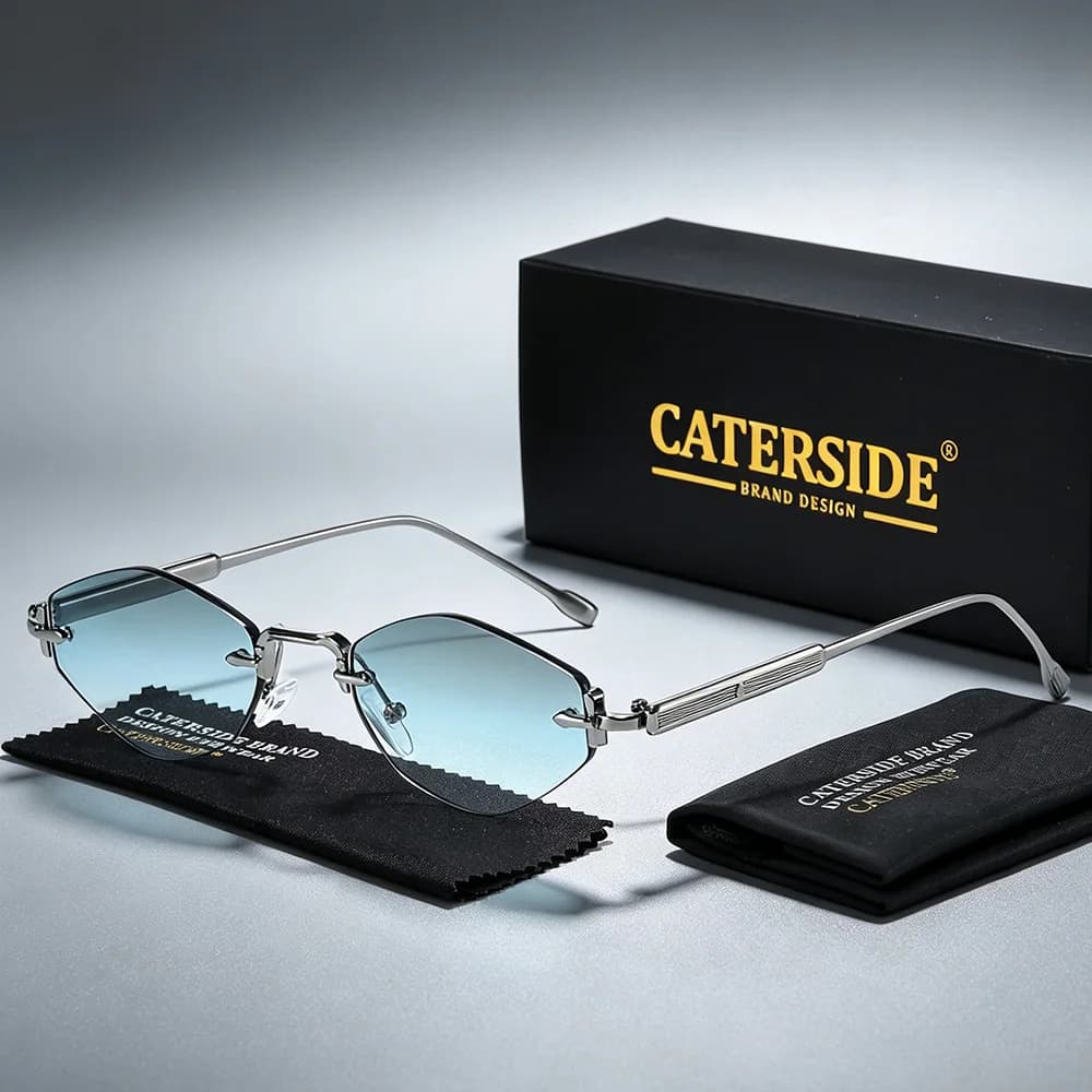 CATERSIDE Men's Small Frameless Sunglasses High-Quality Polygon Metal Frame Y2K Sun Glasses Women's Party Outdoor Glasses UV400