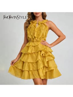 TWOTWINSTYLE Fashion Slimming Spliced Ruffles Mini Dresses F or Women Round Neck Sleeveless High Waist Casual Dress Female New