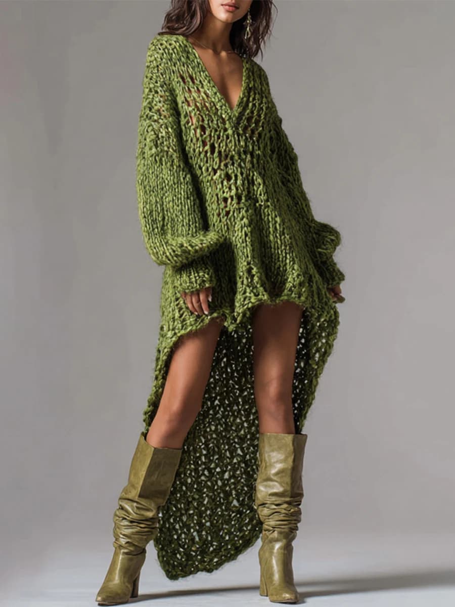 V-Neck Rib Knitted Dress Hollow Out Loose Fit Mini Skirt Asymmetrical Hem Street Style Sexy Trendy Women's Fashion Party Dresses