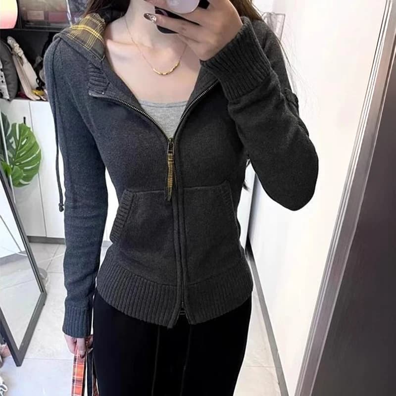 Korean Stretch Slimming Hooded Cardigan Women Retro Versatile Double Zip Up Hoodies Jacket Autumn Casual Warm Knitted Cardigans