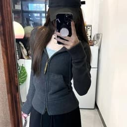 Korean Stretch Slimming Hooded Cardigan Women Retro Versatile Double Zip Up Hoodies Jacket Autumn Casual Warm Knitted Cardigans