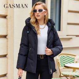 GASMAN 2023 Winter Down Jacket Women Short Classic zipper Design Pocket Stand Collar Hooded Slim Coat Women Parkas 83319