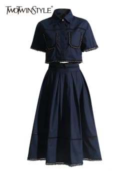 TWOTWINSTYLE Solid Summer Two Piece Sets For Women Lapel Short Sleeve Tops High Waist A Line Skirt Slim Set Female Fashion New