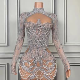 Luxurious Full Rhinestones Pearl Short Dress Women Evening Prom Celebrate Dress Sexy Mesh Transparent Singer Show Party Wear