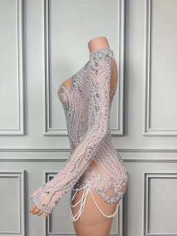 Luxurious Full Rhinestones Pearl Short Dress Women Evening Prom Celebrate Dress Sexy Mesh Transparent Singer Show Party Wear
