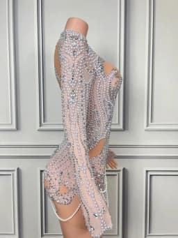 Luxurious Full Rhinestones Pearl Short Dress Women Evening Prom Celebrate Dress Sexy Mesh Transparent Singer Show Party Wear