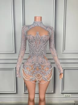 Luxurious Full Rhinestones Pearl Short Dress Women Evening Prom Celebrate Dress Sexy Mesh Transparent Singer Show Party Wear