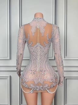 Luxurious Full Rhinestones Pearl Short Dress Women Evening Prom Celebrate Dress Sexy Mesh Transparent Singer Show Party Wear