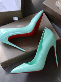 Spring New Light Green Lacquer Leather Pointed High Heels Single Red Sole Shoes Shallow Mouth Nightclub French Size 13CM