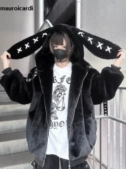 Mauroicardi Autumn Winter Sweet Cute Kawaii Soft Thick Warm Black Faux Fur Coat Women with Bunny Ears Cute Fluffy Jacket Hoodie