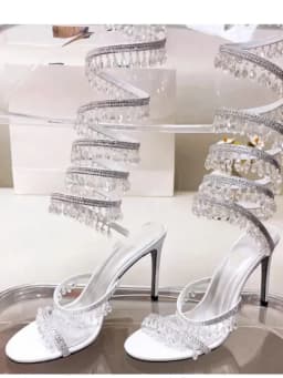 2025 Women's New Fashion Tassel Crystal Shoes Sexy Banquet Party Stiletto High Heels Women's Large Sandals Dance Shoes