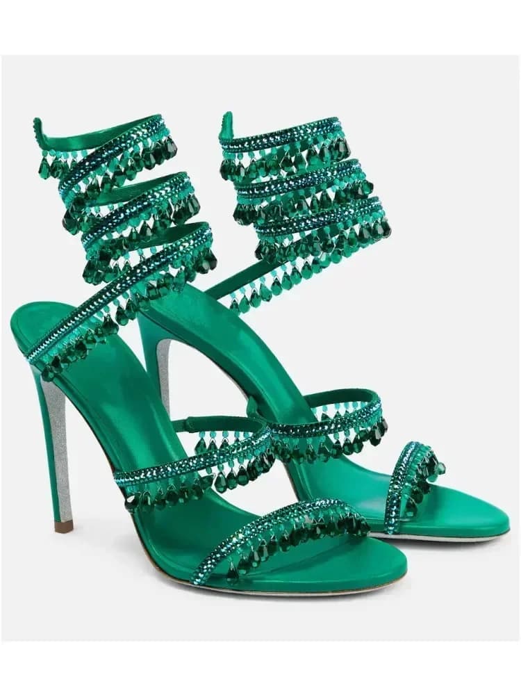 2025 Women's New Fashion Tassel Crystal Shoes Sexy Banquet Party Stiletto High Heels Women's Large Sandals Dance Shoes