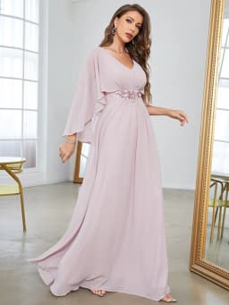 V-neck flared sleeve sequin machine embroidered applique dress