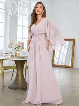 V-neck flared sleeve sequin machine embroidered applique dress