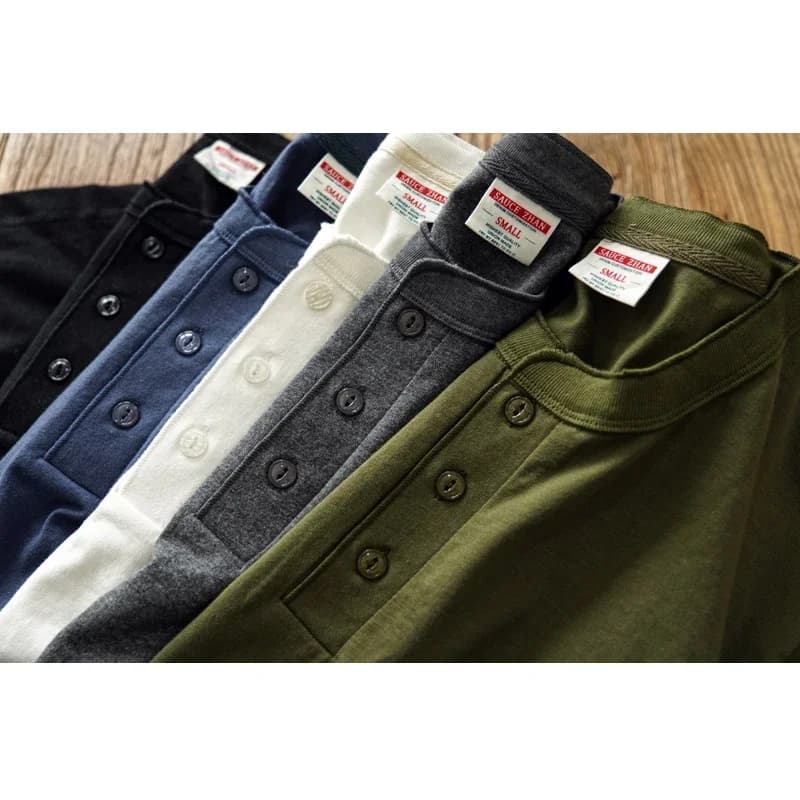 Sauce Zhan Mens T Shirts Henry Collar Pure Cotton Solid 5 Color Summer Short Sleeve Vintage Style Regular Fit 230g/m²